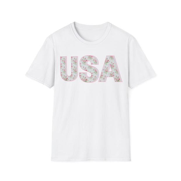 Pink and Blue Floral USA Graphic T-Shirt