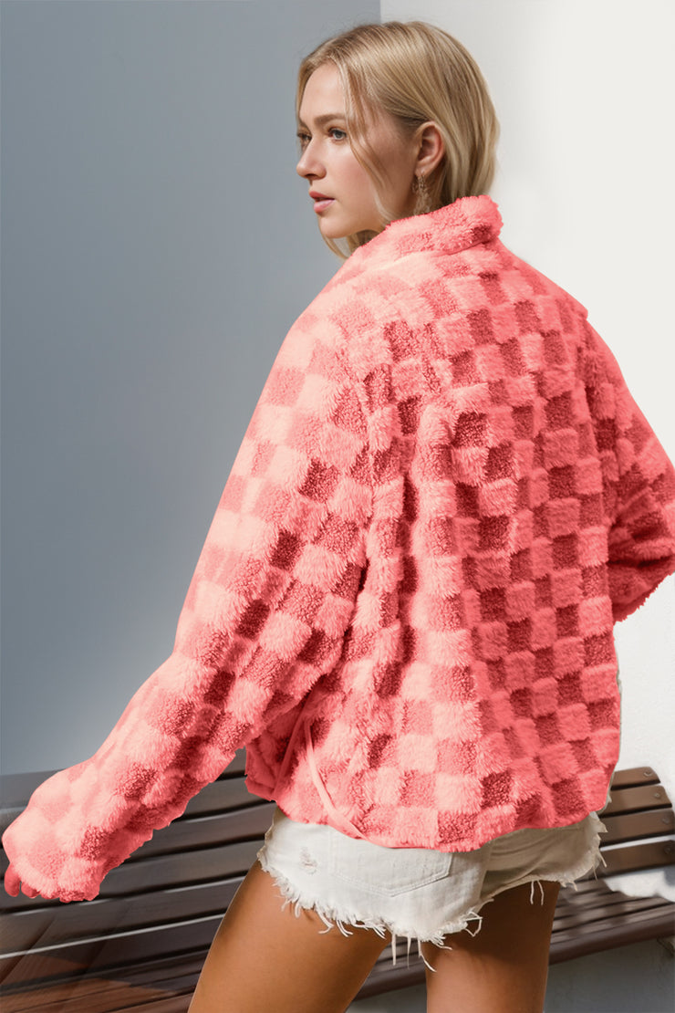 Double Take Checkered Long Sleeve Fuzzy Jacket