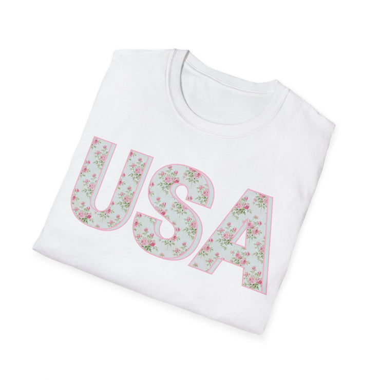 Pink and Blue Floral USA Graphic T-Shirt