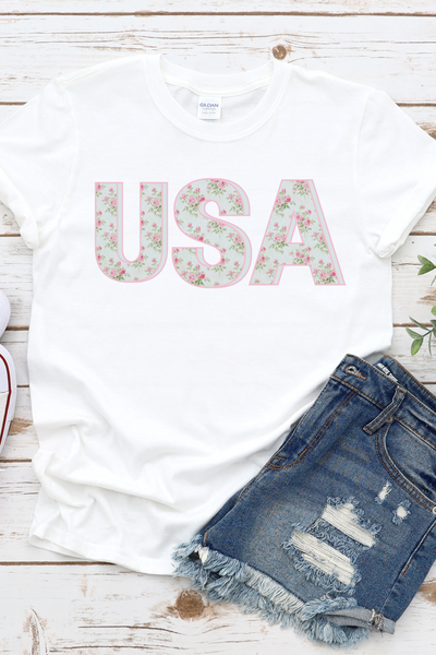 Pink and Blue Floral USA Graphic T-Shirt