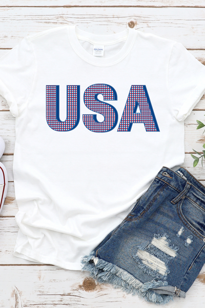 Red White and Blue USA with Plaid Graphic T-Shirt